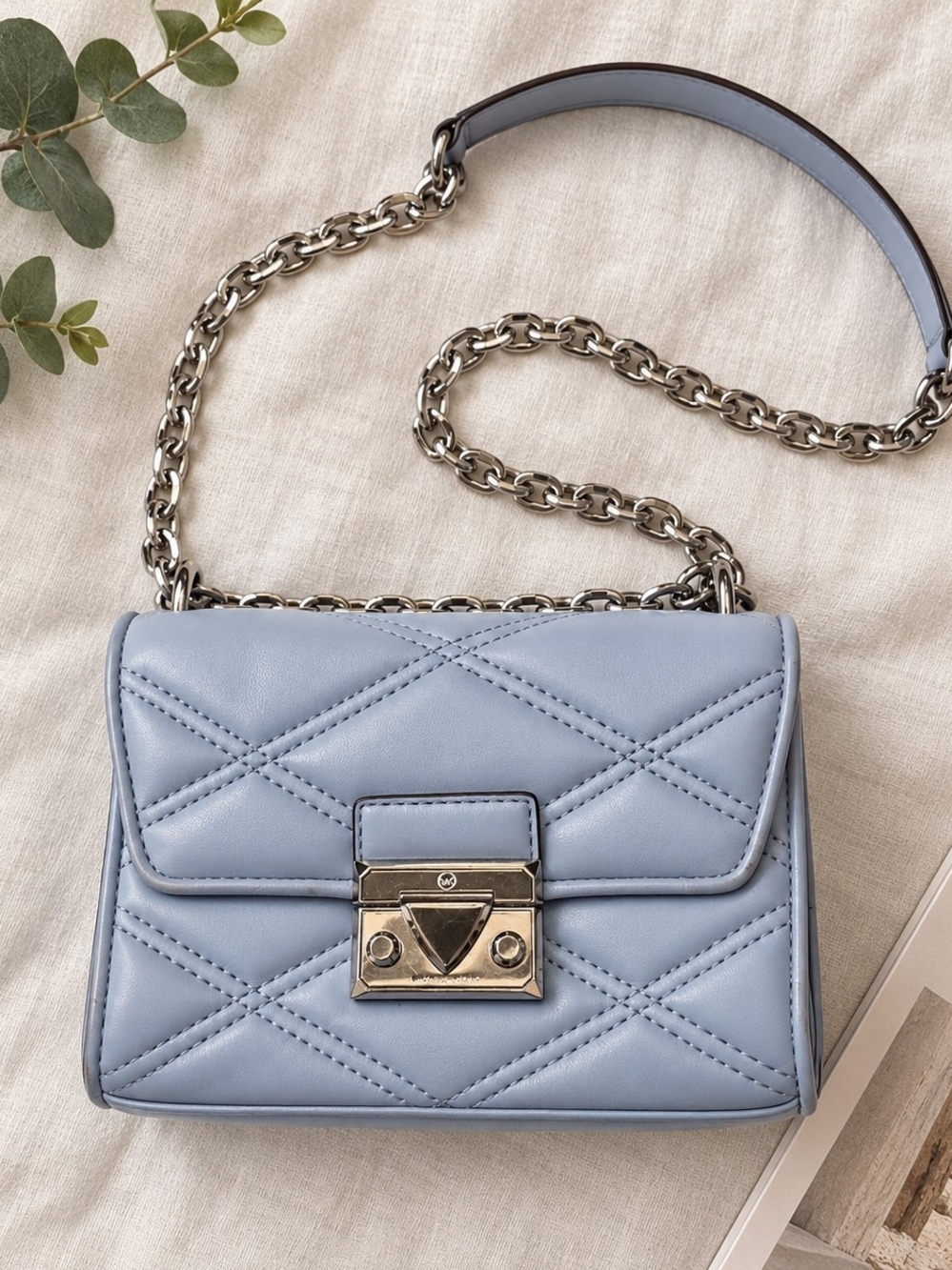 #3020 Michael Kors Light Blue Quilted Mini Crossbody Bag Silver Chain